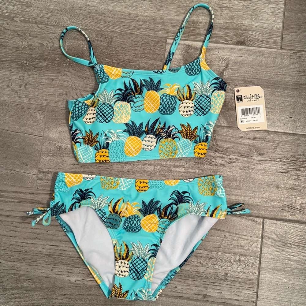 Salt Life "Pineapple Paradise" 2 pc Youth Bikini Set Side Ties Lined Arubl NWT